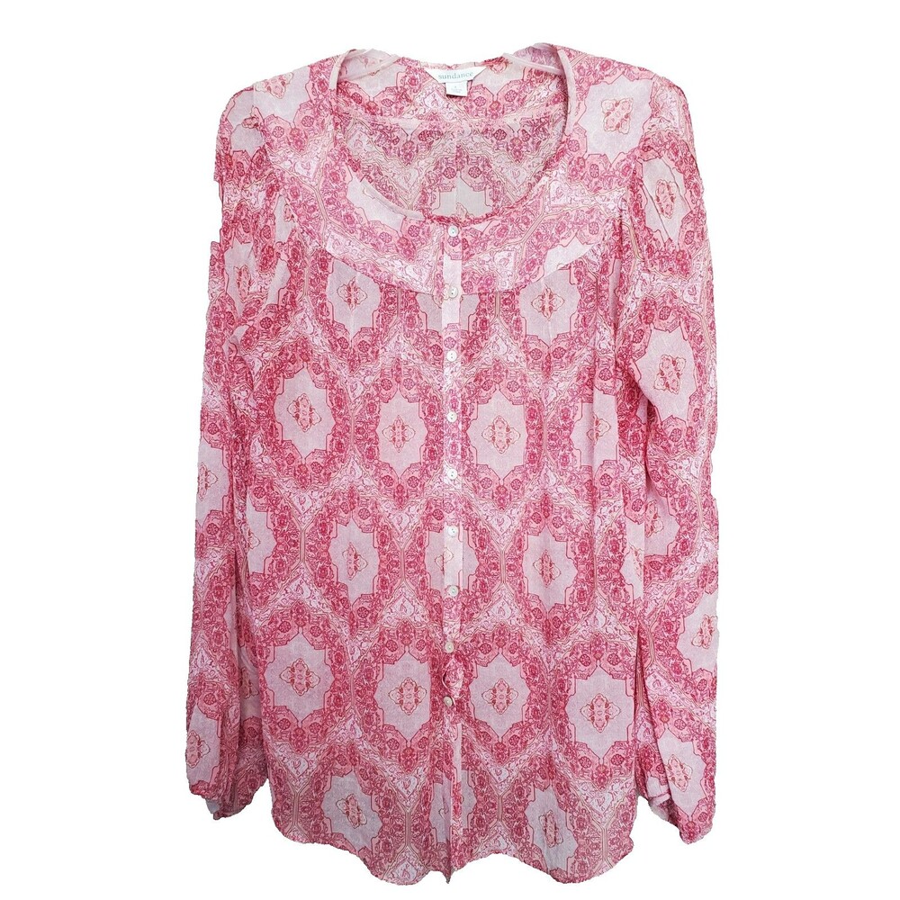 SUNDANCE 100% Silk Medallion Print Semi-Sheer Button-Up Blouse Size Large Boho